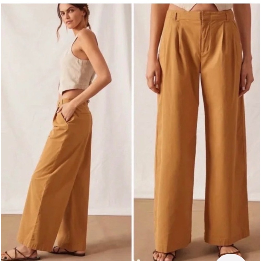 Anthropologie Wide Leg Pleated Trousers Mustard Yellow Cinch Back Pants Size 14